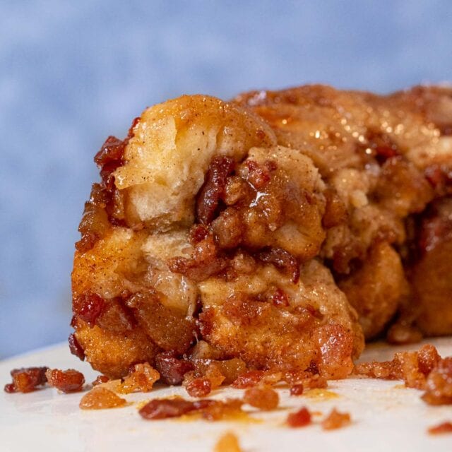 cross-section of Maple Bacon Monkey Bread on cake stand