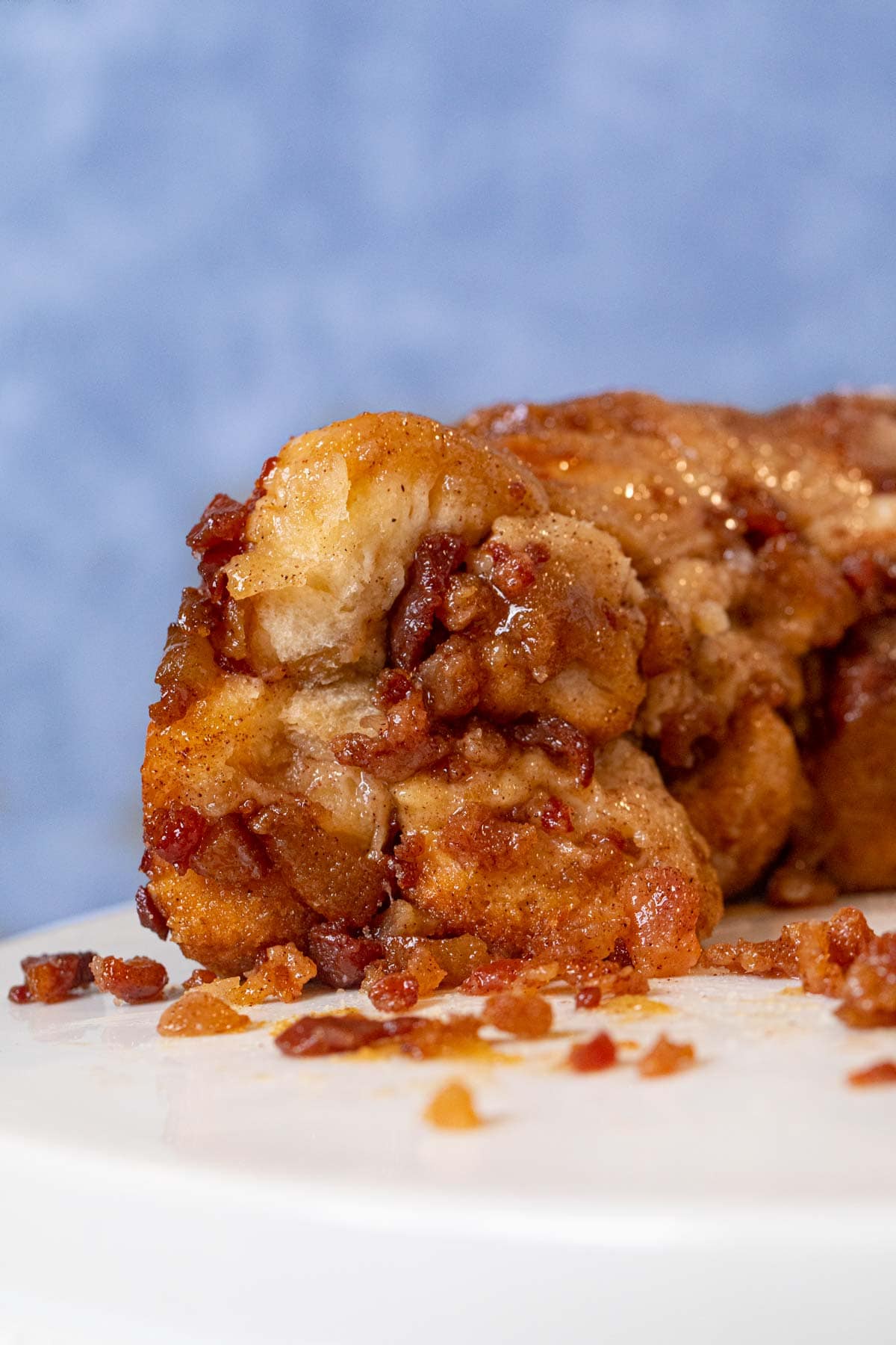 cross-section of Maple Bacon Monkey Bread on cake stand