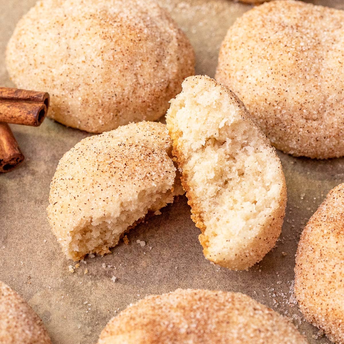 Mexican Cinnamon Cookies on baking sheet showing interior 1x1