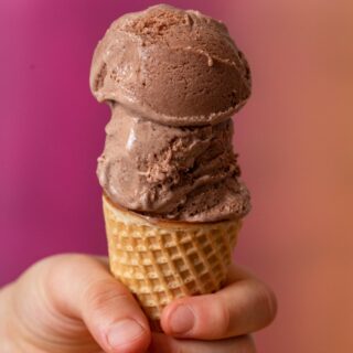 No-Churn Chocolate Ice Cream two scoops on waffle cone