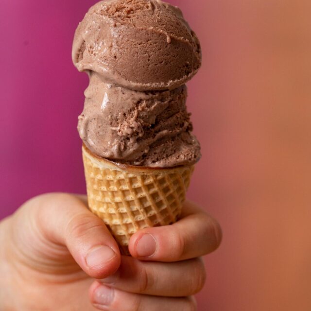 No-Churn Chocolate Ice Cream two scoops on waffle cone