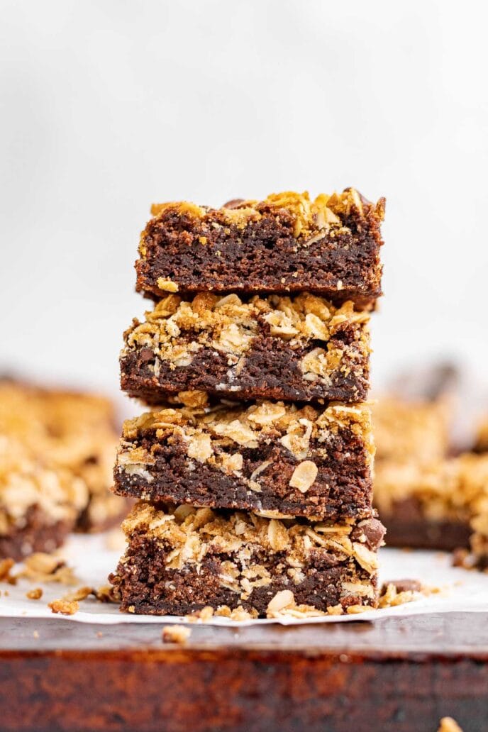 Oatmeal Chip Brownies sliced and stacked