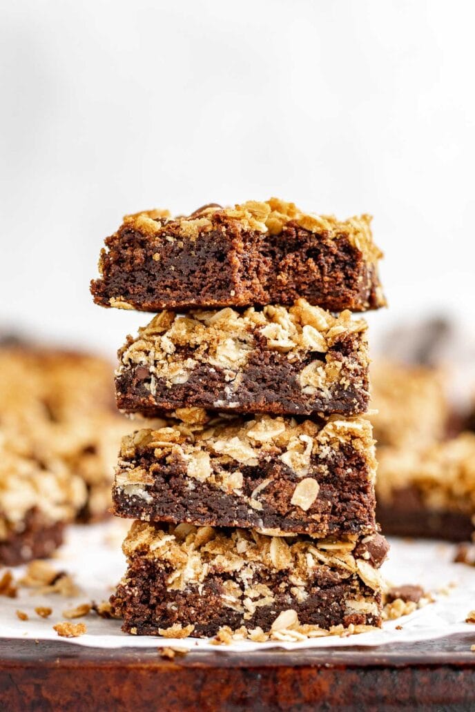 Oatmeal Chip Brownies sliced and stacked