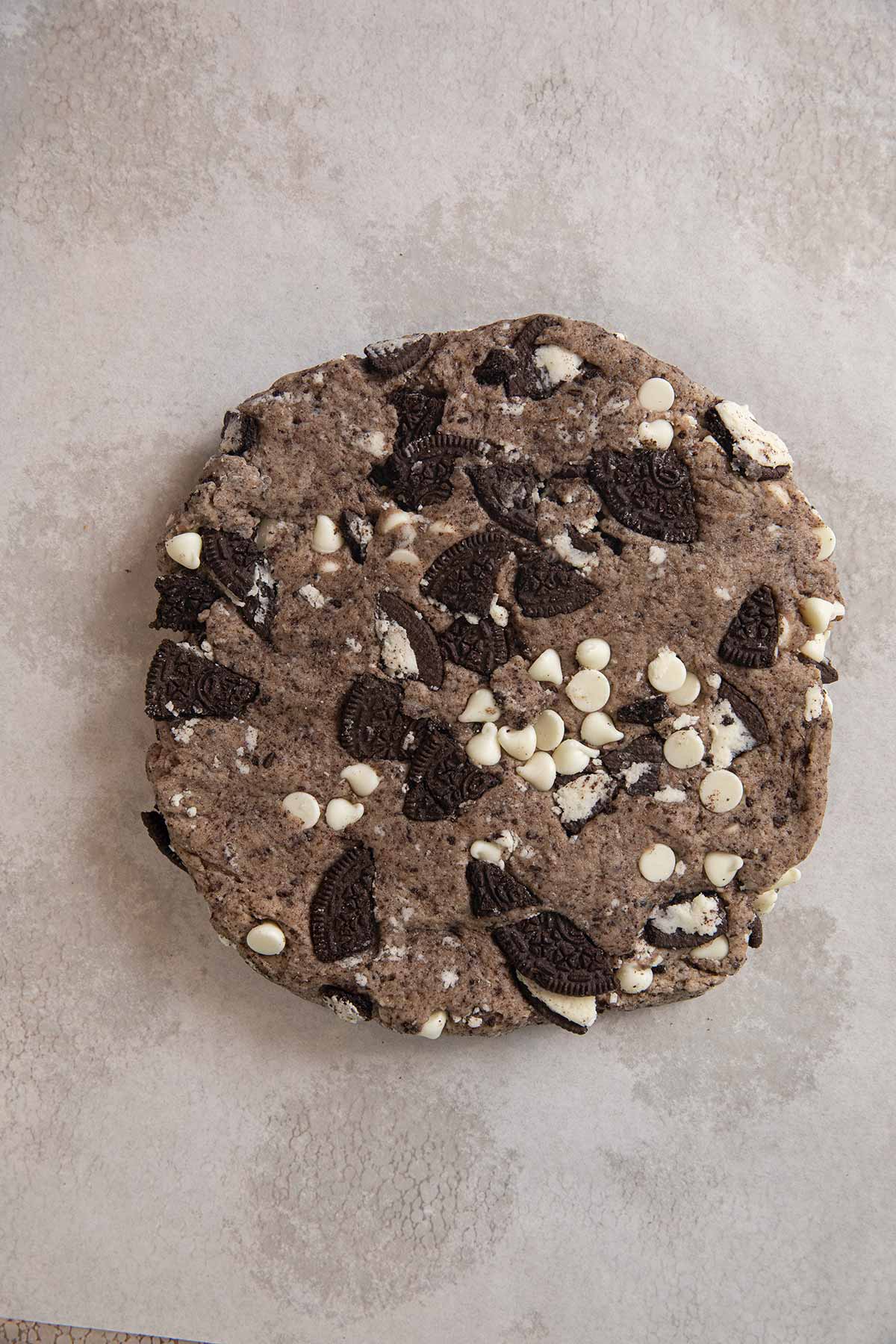 Oreo Scones dough in a circle shape