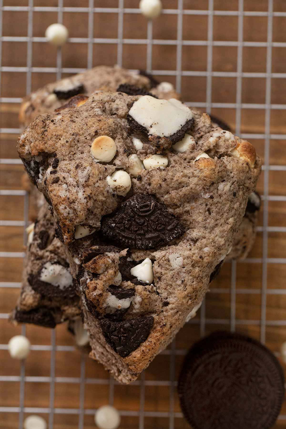 top-down view of Oreo Scones in stack