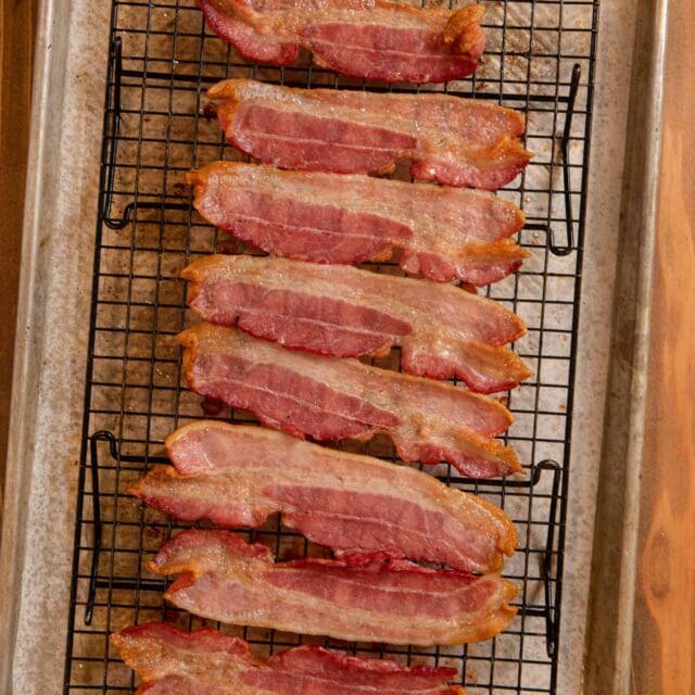 Oven Baked Bacon on rack over baking sheet