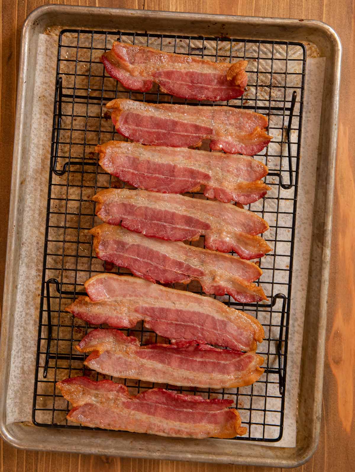 Oven Baked Bacon on rack over baking sheet