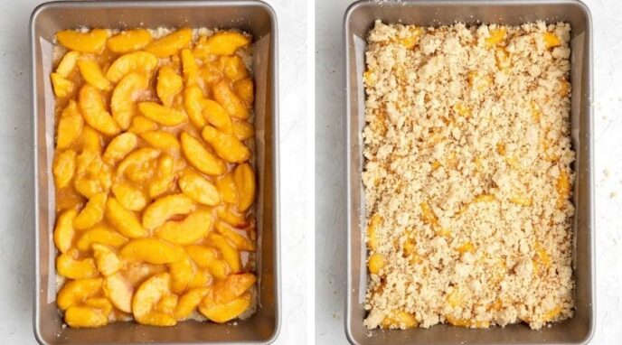 Peach Crumb Bars in baking pan unbaked collage