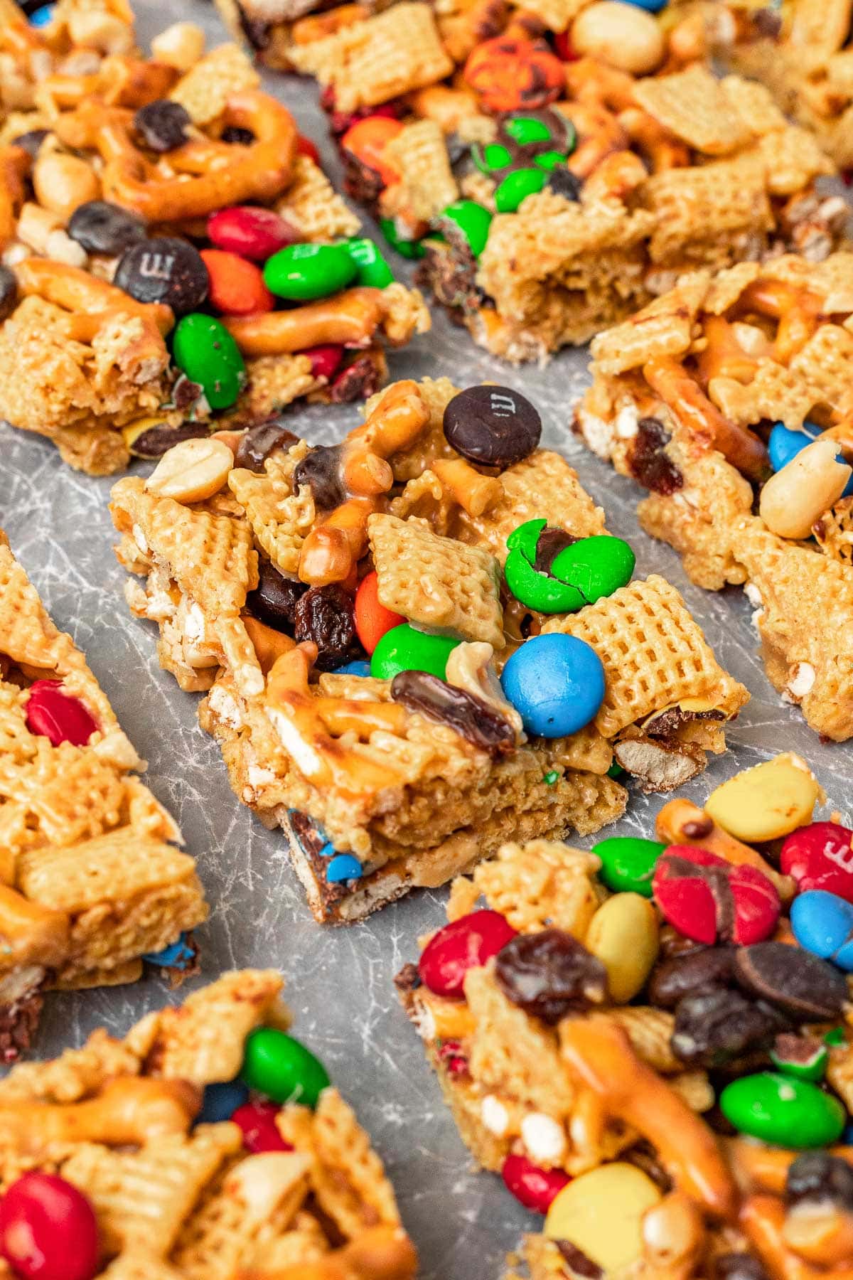 Peanut Butter Trail Mix Bars sliced