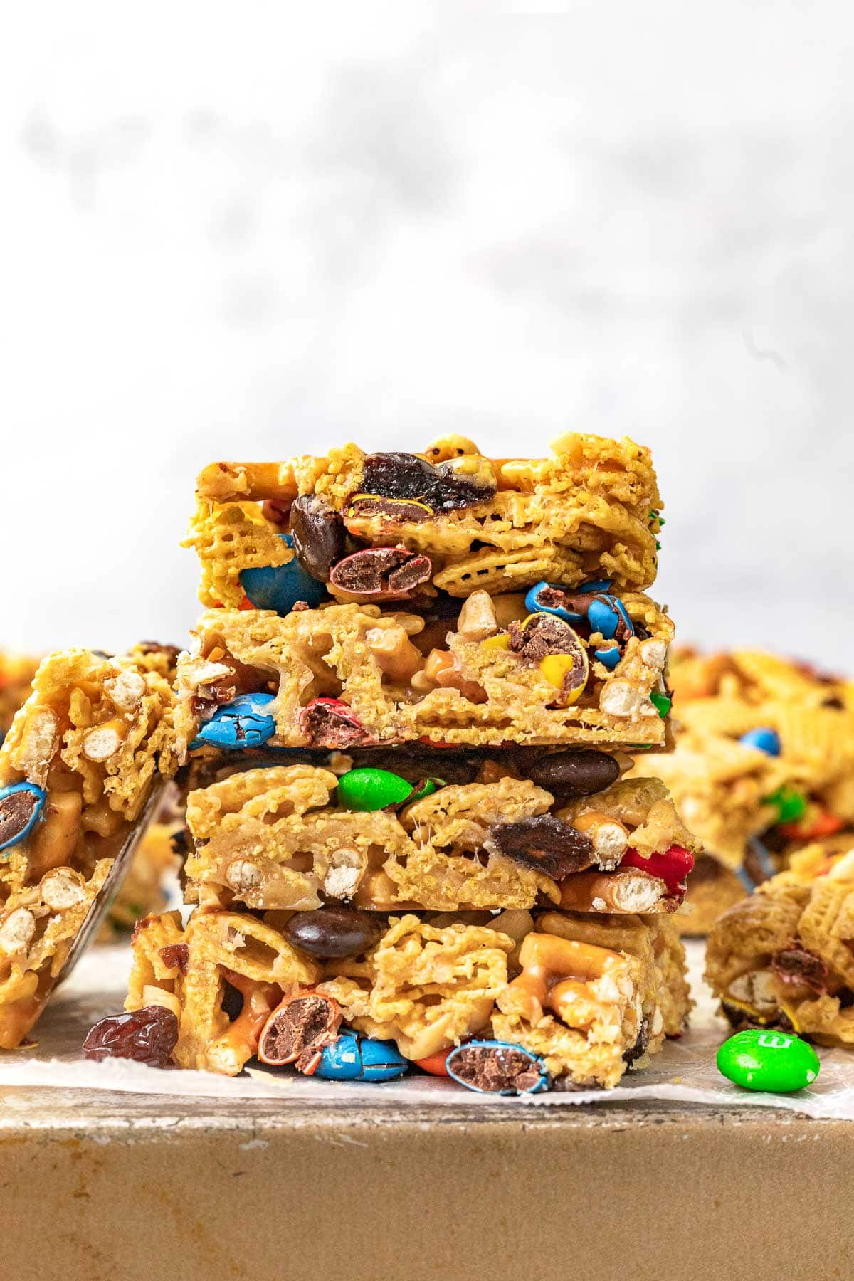 Peanut Butter Trail Mix Bars stacked