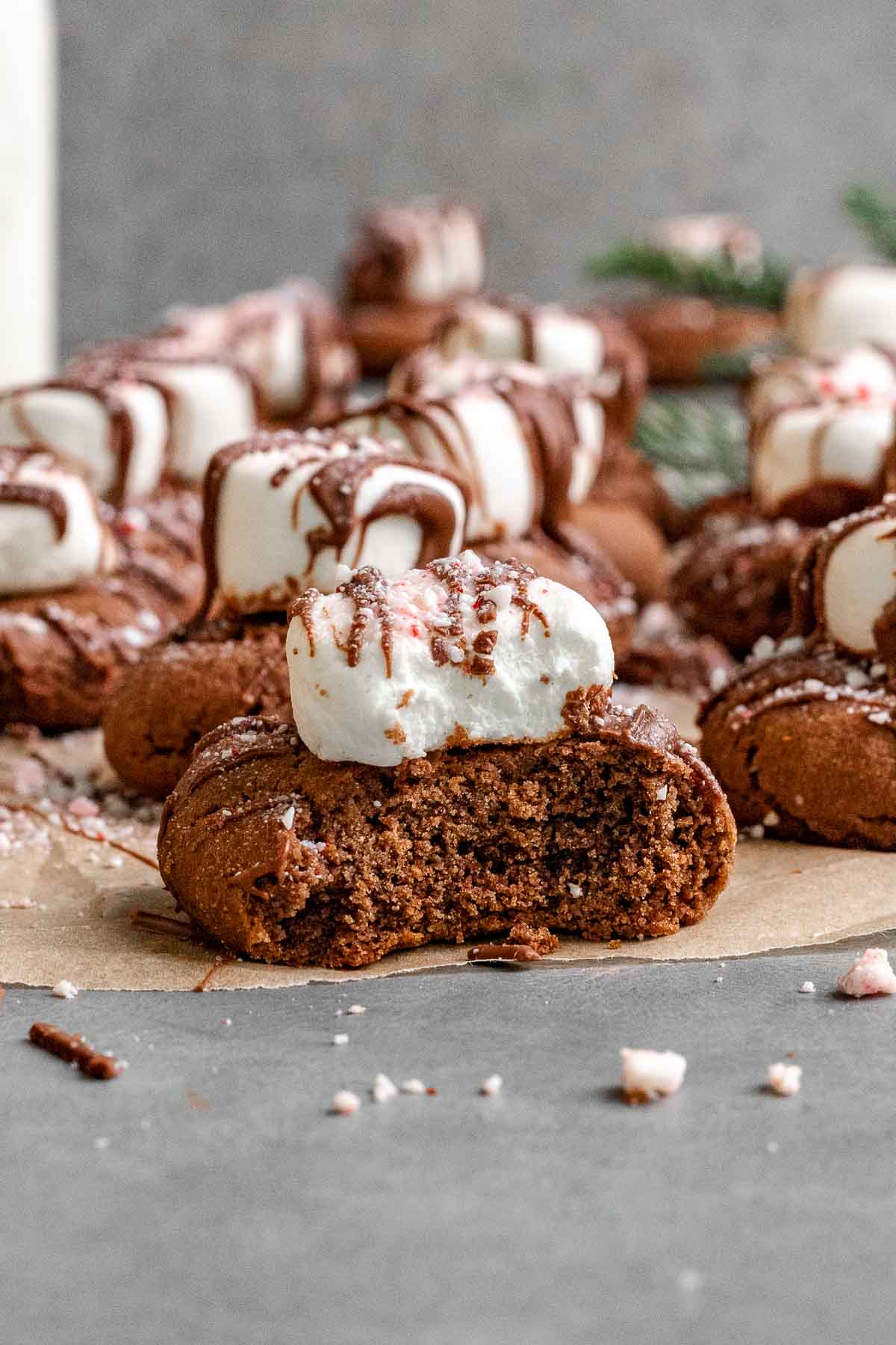 Peppermint Hot Chocolate Cookies on paper inside view