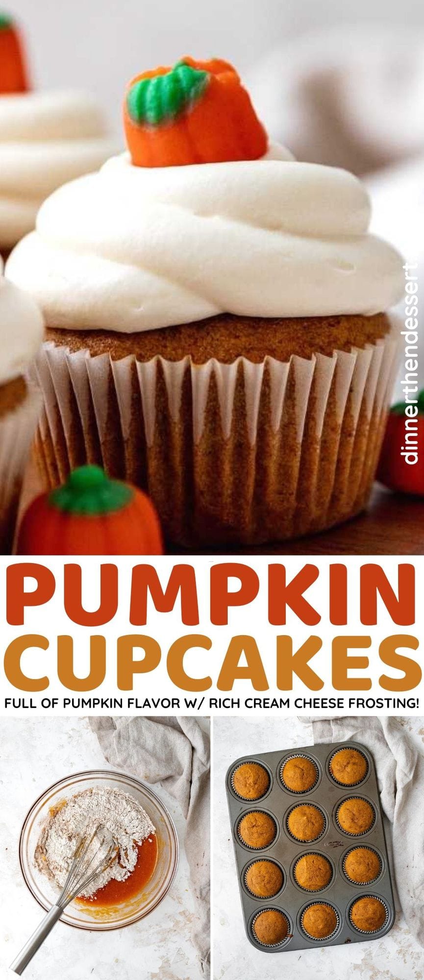 Pumpkin Cupcakes frosted with pumpkin candy on top collage