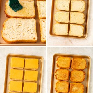 Sheet Pan Grilled Cheese Sandwiches are the easiest way to make ultimate cheesy, crispy cheese sandwiches for a crowd in less than 30 minutes! Sheet Pan Grilled Cheese Sandwiches preparation collage