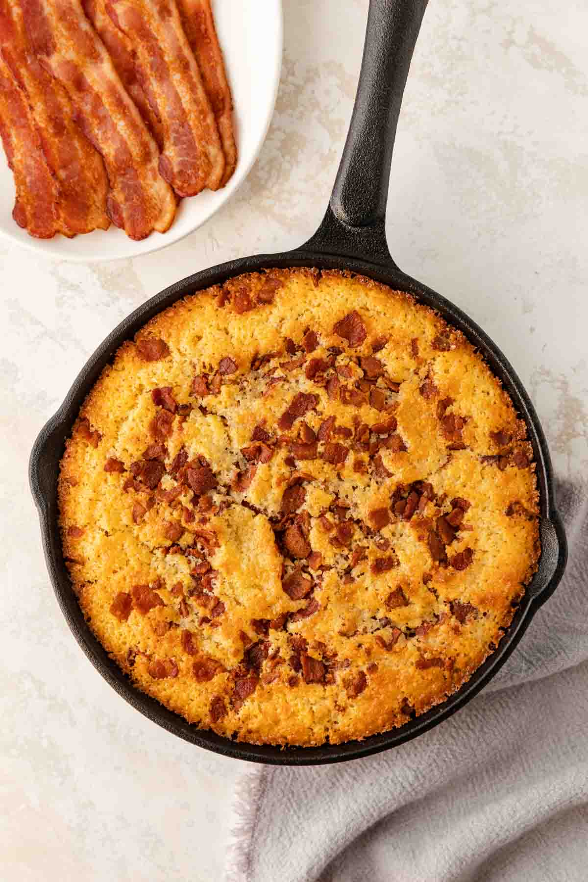 Skillet Bacon Cornbread in cooking pan