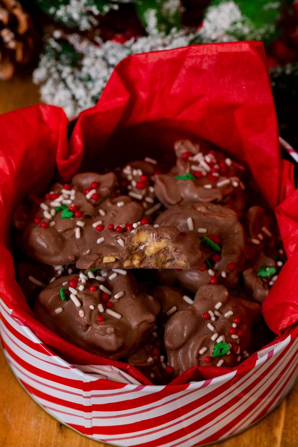 Slow Cooker Chocolate Candy clusters in Christmas box