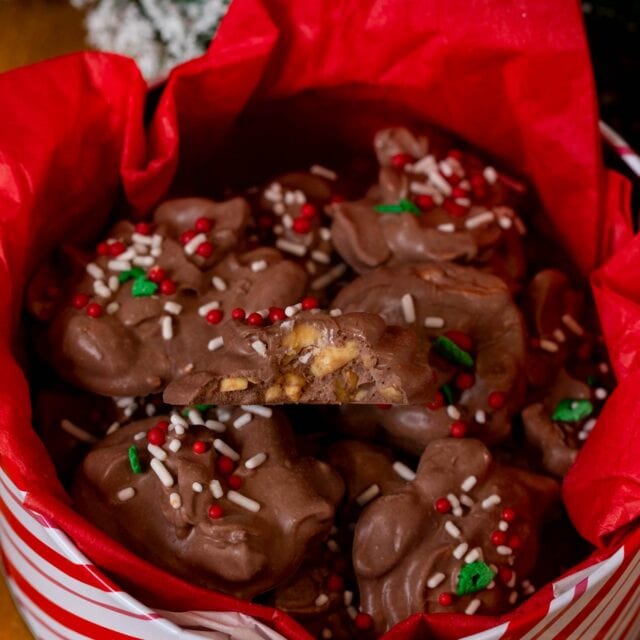 Slow Cooker Chocolate Candy clusters in Christmas box