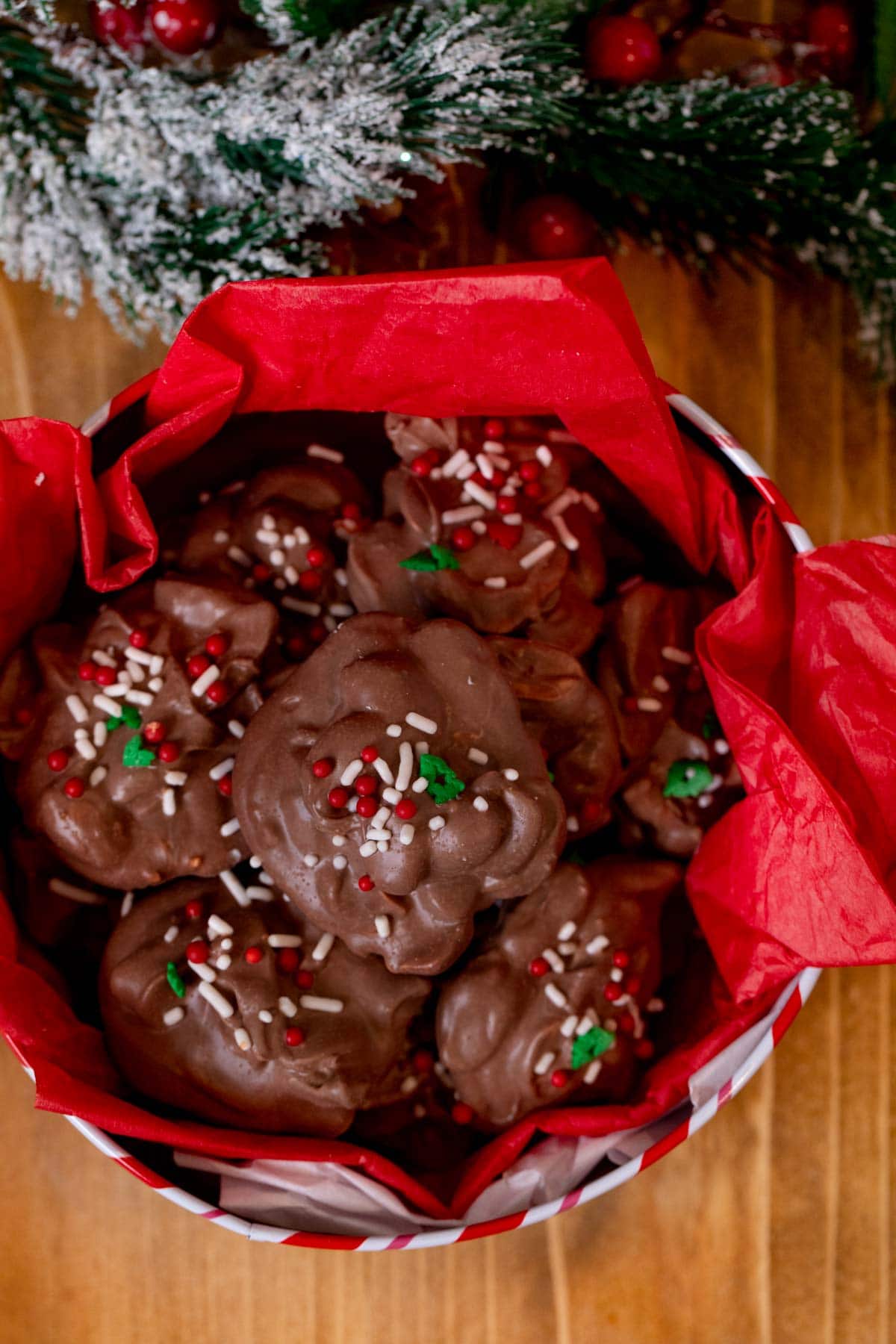 Slow Cooker Chocolate Candy clusters in Christmas box