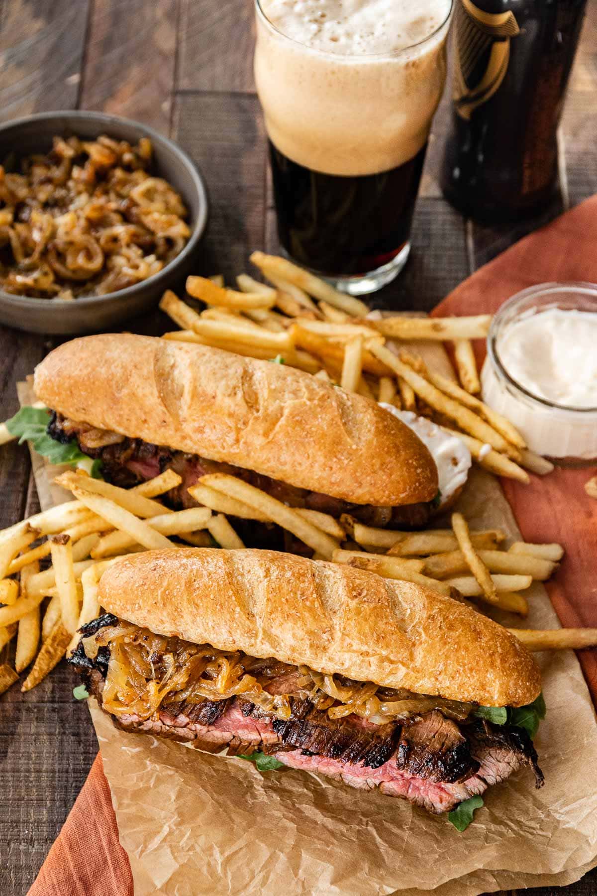 Steak Sandwiches on board with fries