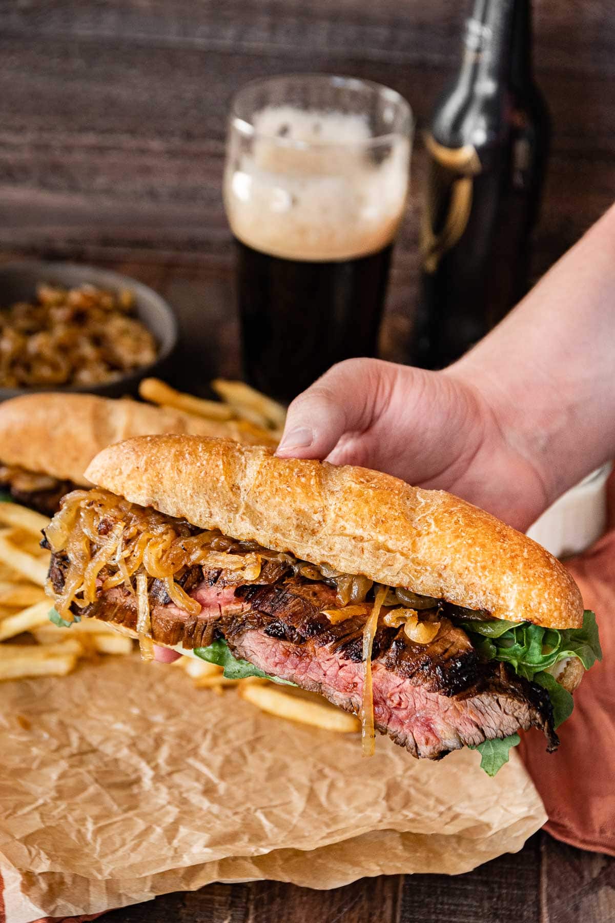 Steak Sandwiches on board with fries