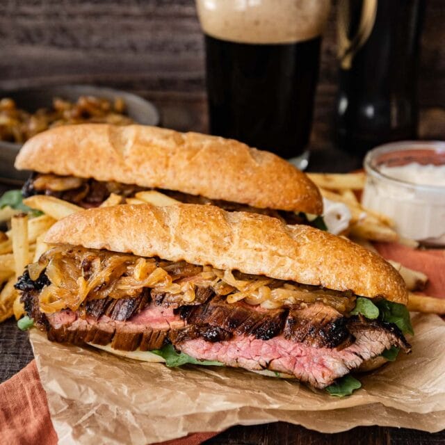 Steak Sandwiches on board with fries