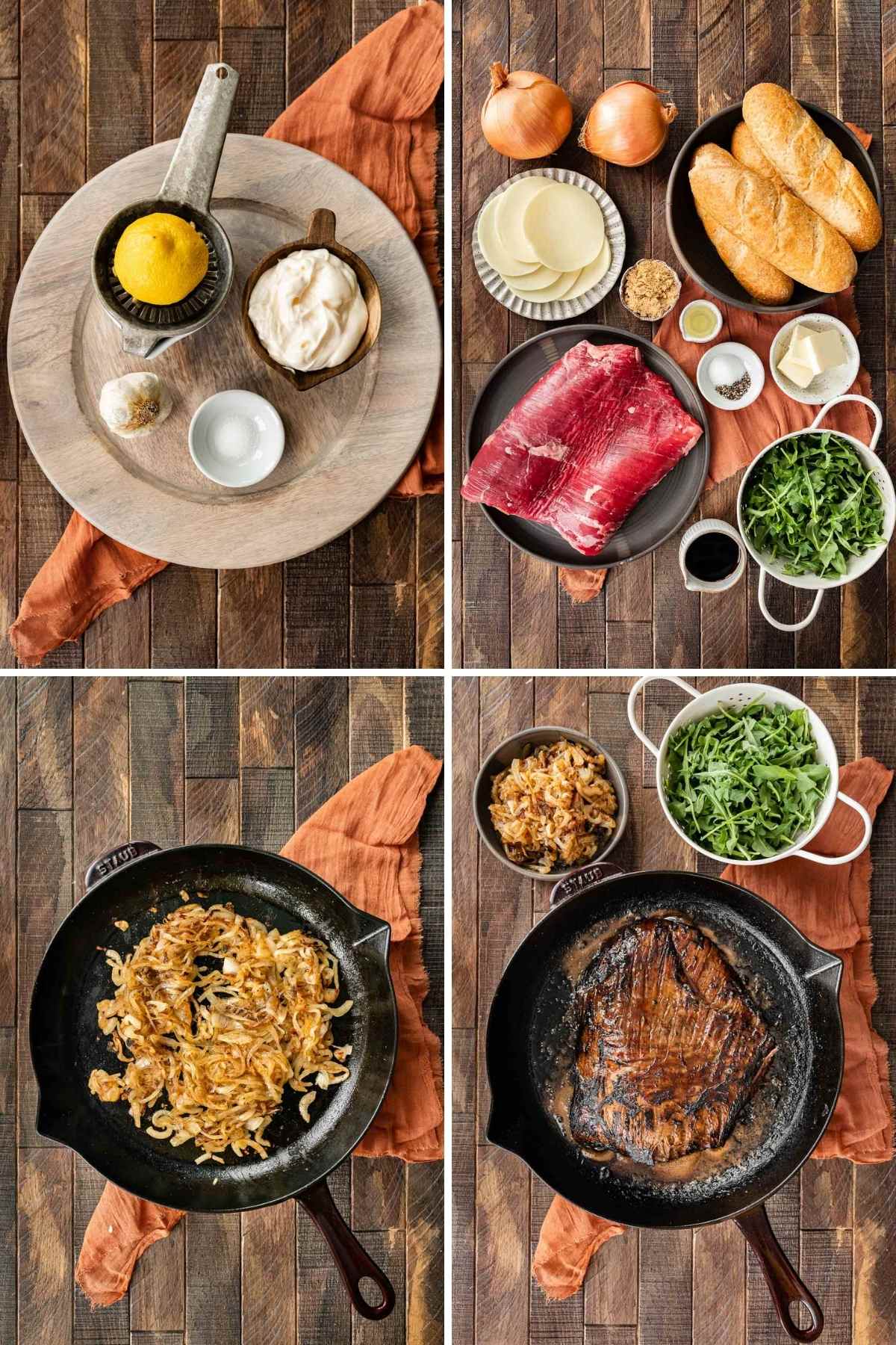 Collage of prep steps for Steak Sandwiches