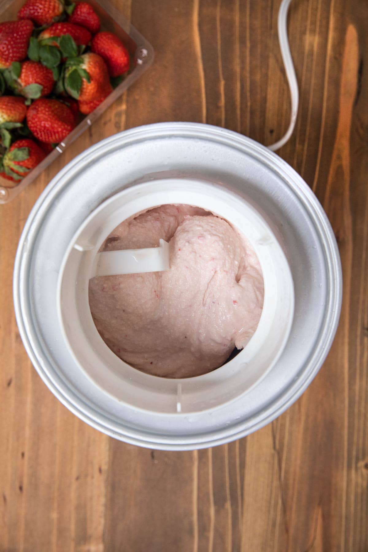 Strawberry Ice Cream in ice cream churner