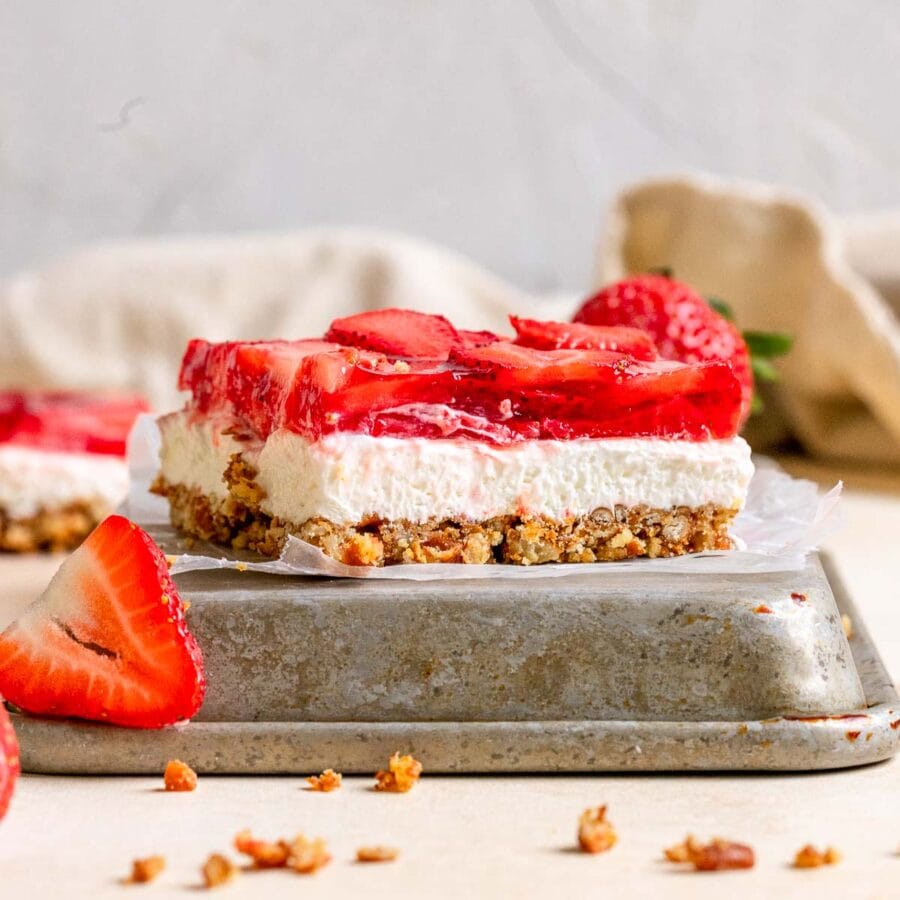 Strawberry Pretzel Salad square slice