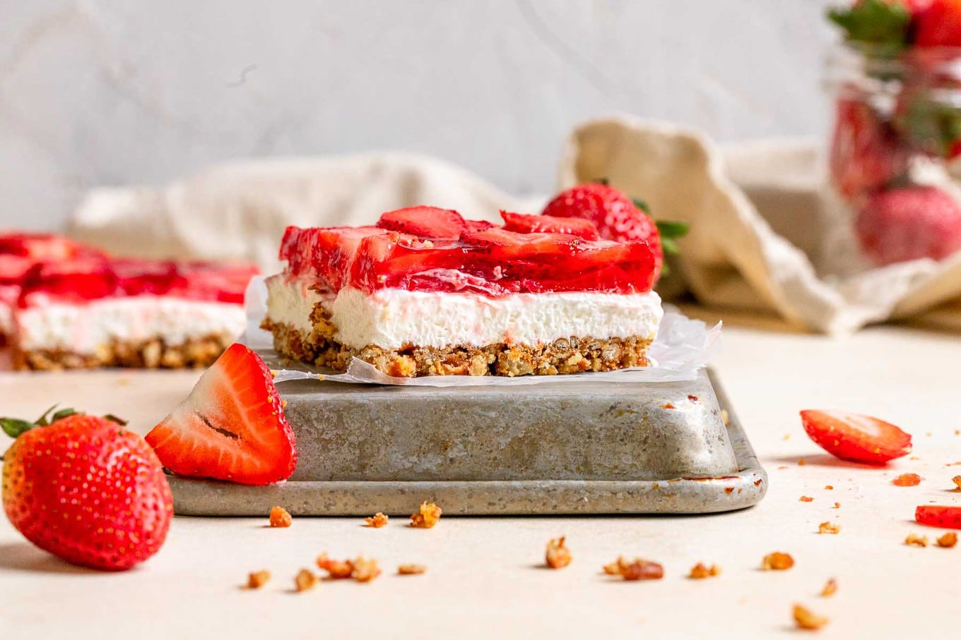 Strawberry Pretzel Salad square slice