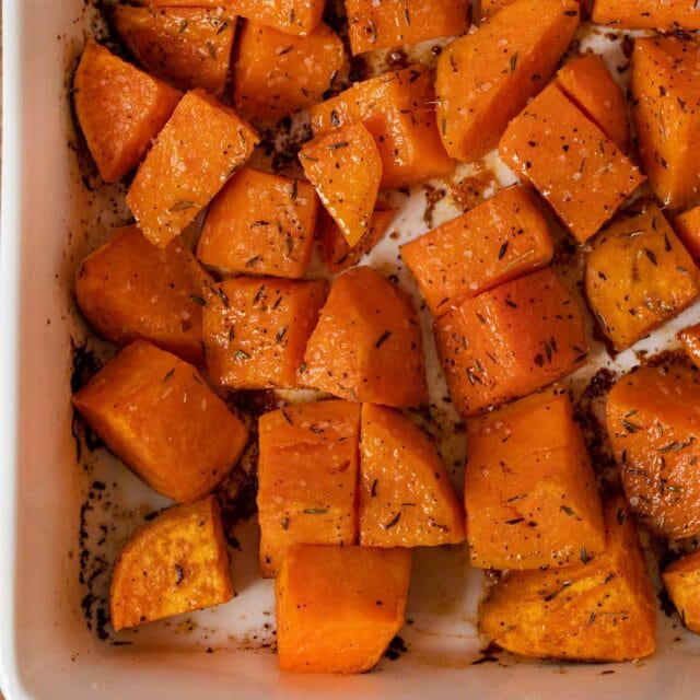 Thyme Roasted Sweet Potatoes in baking dish