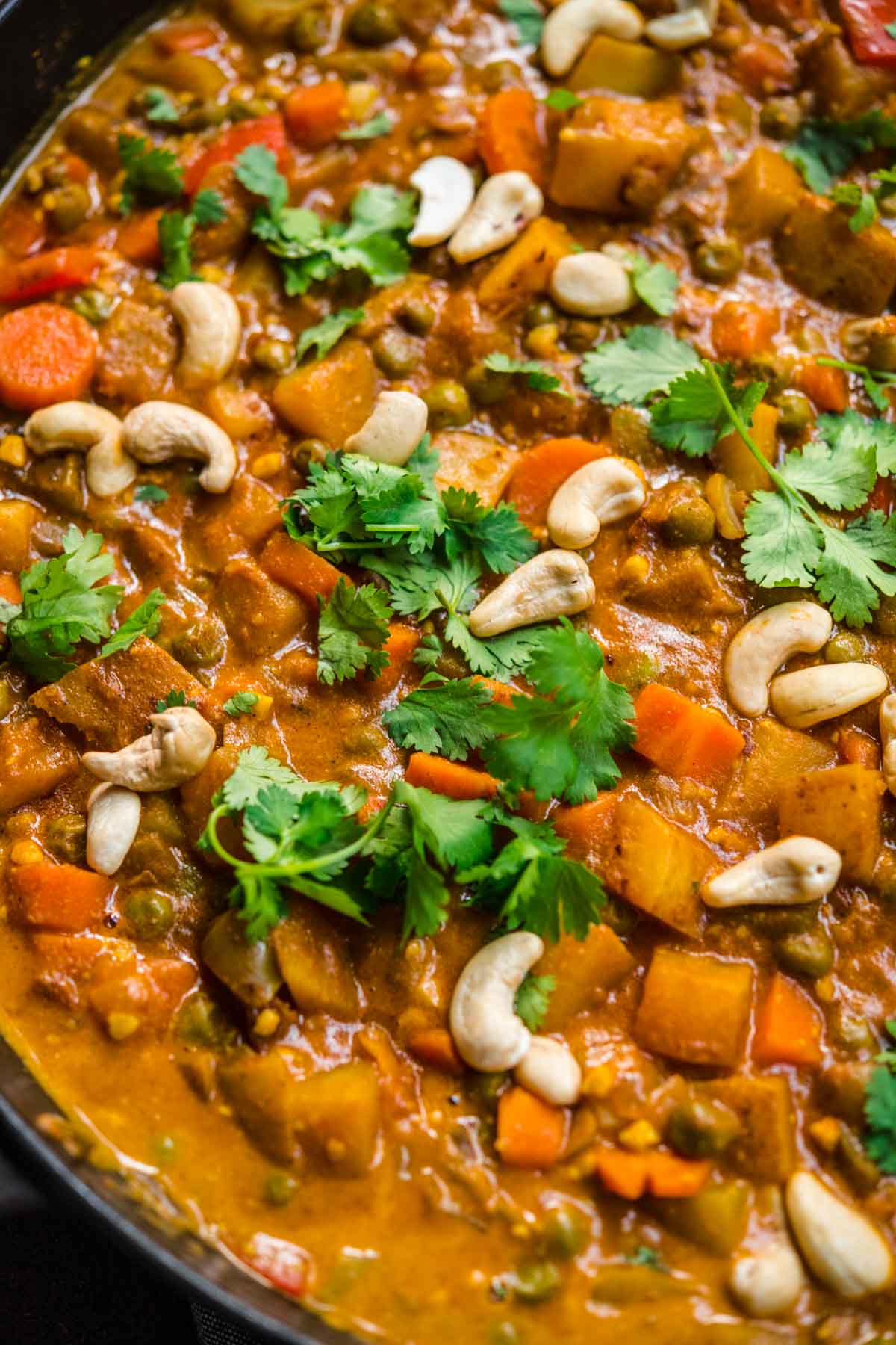 Vegetable Korma in serving bowl with cashews and cilantro garnish