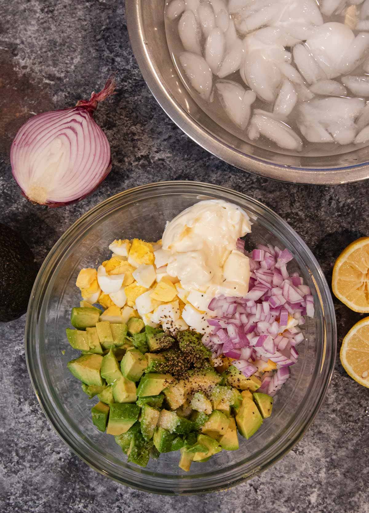 Avocado Egg Salad ingredients in bowls