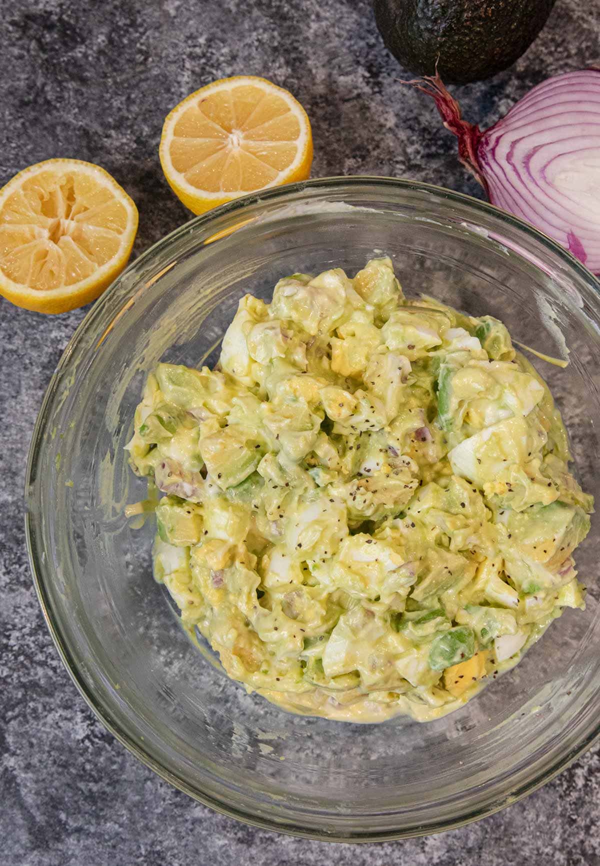 Avocado Egg Salad in glass bowl