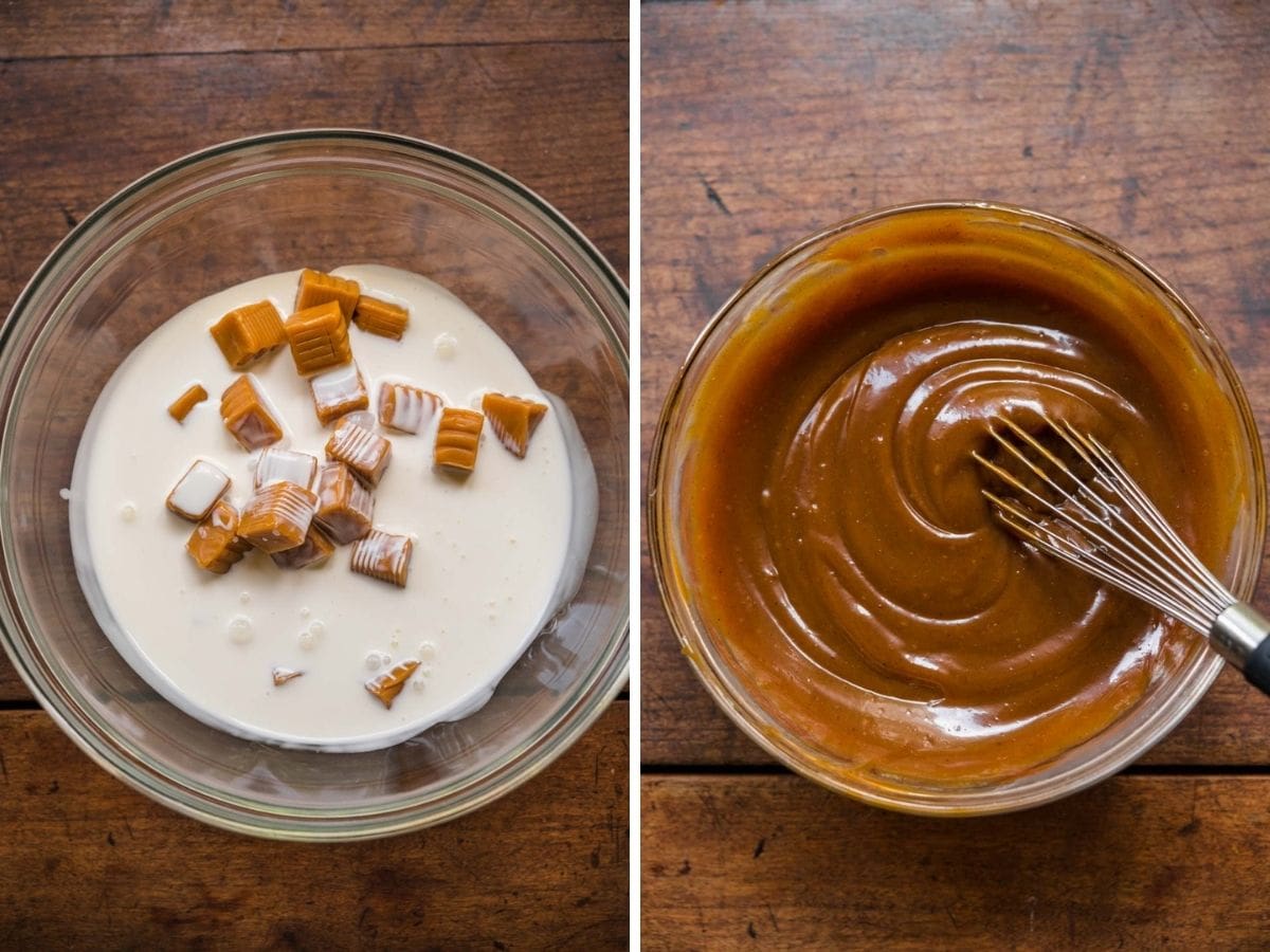 Caramel Apple Crumb Cheesecake Bars caramel sauce before and after melting