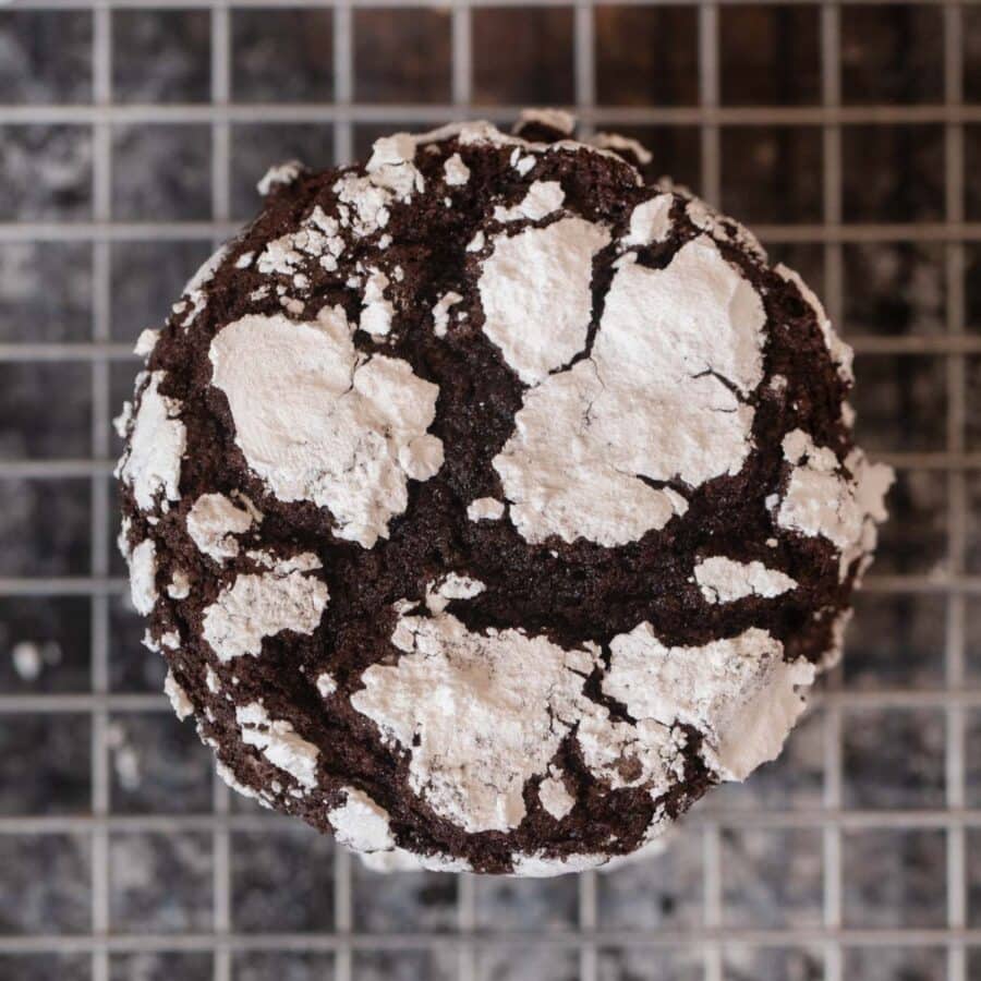 top-down view of Chocolate Crinkle Cookies in stack