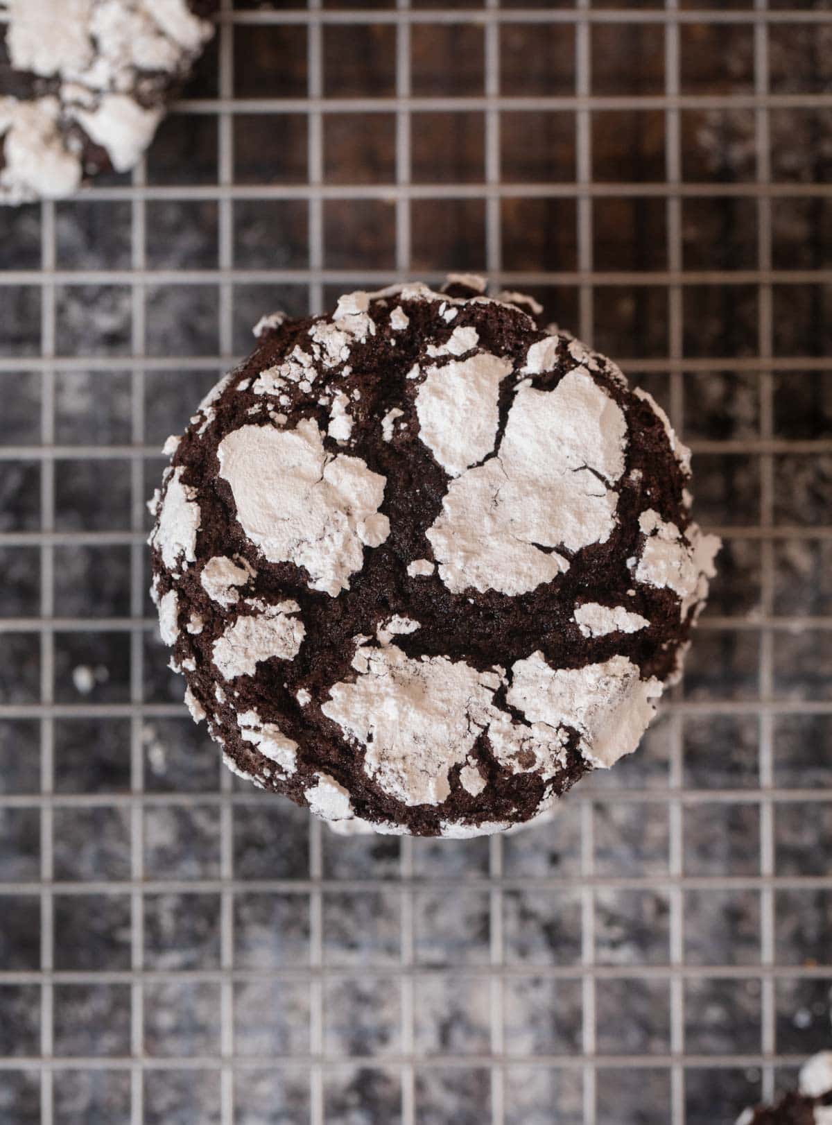 top-down view of Chocolate Crinkle Cookies in stack