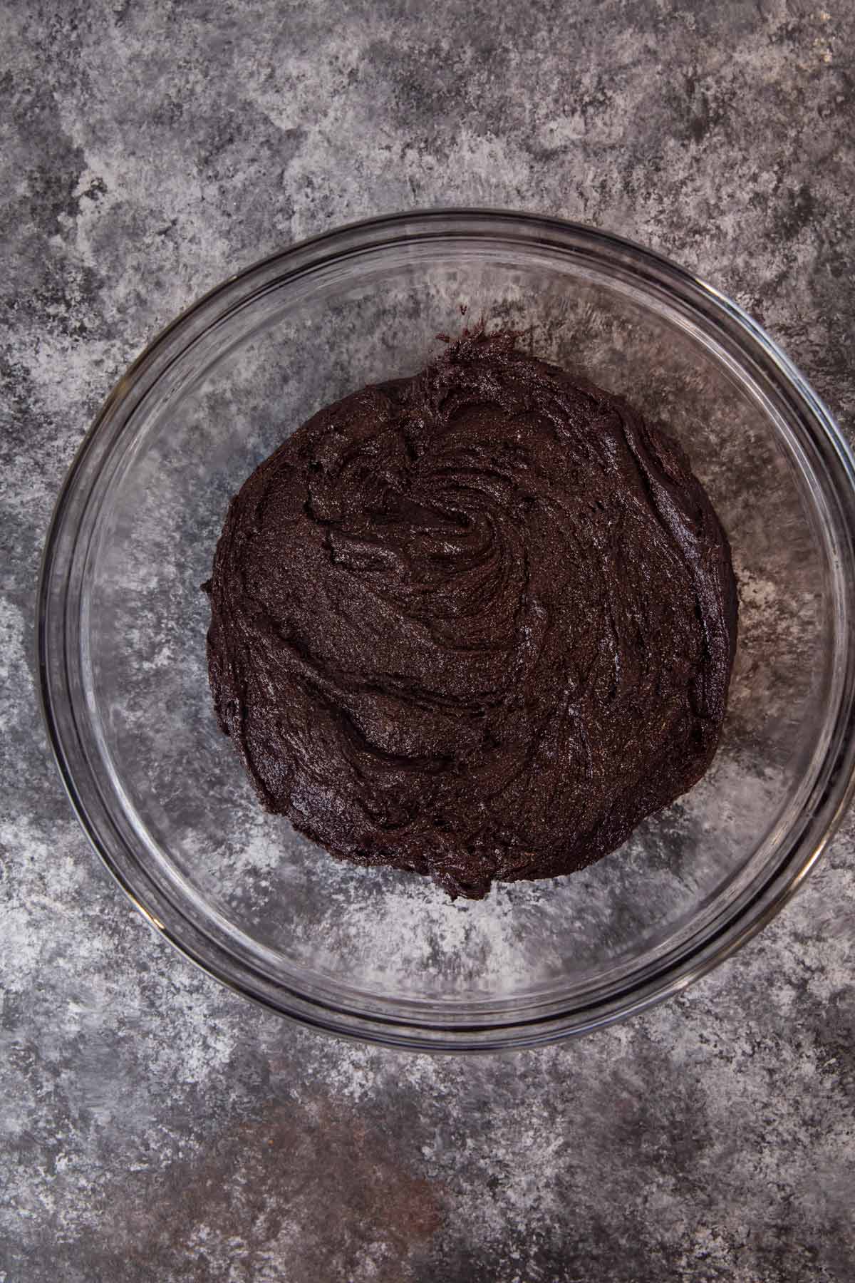 Chocolate Crinkle Cookies batter in mixing bowl