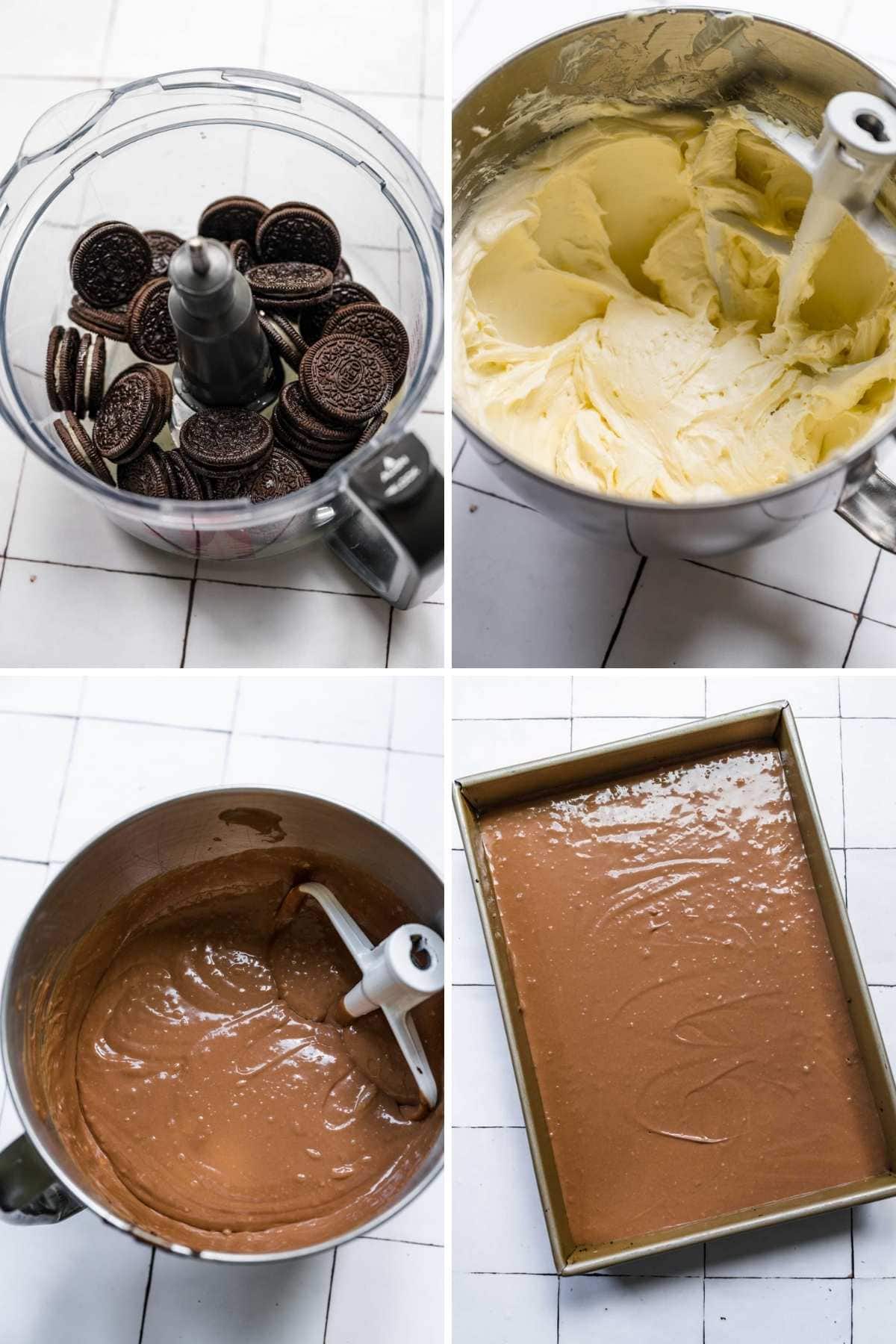 Collage of prep steps for Chocolate Cheesecake Bars