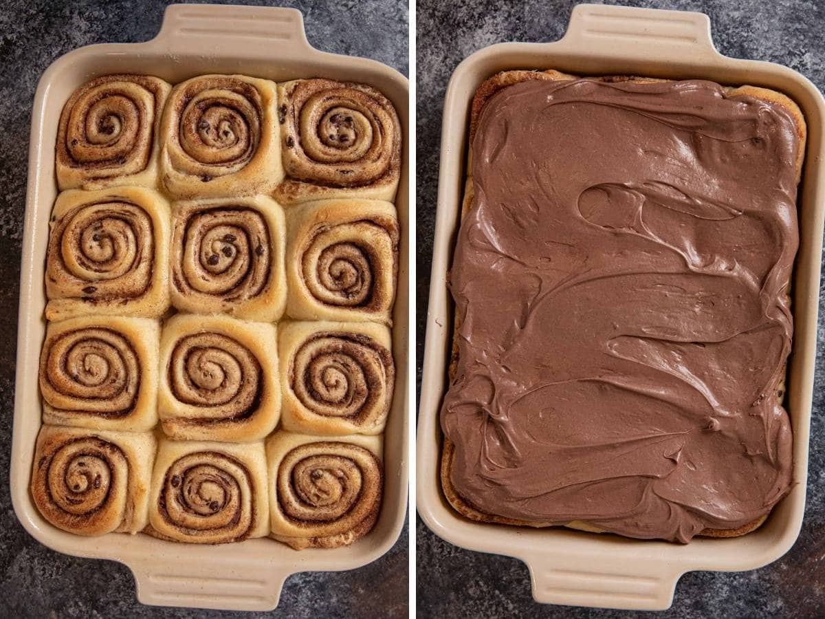 Chocolate Chip Cinnamon Rolls collage of baked cinnamon rolls and chocolate frosting