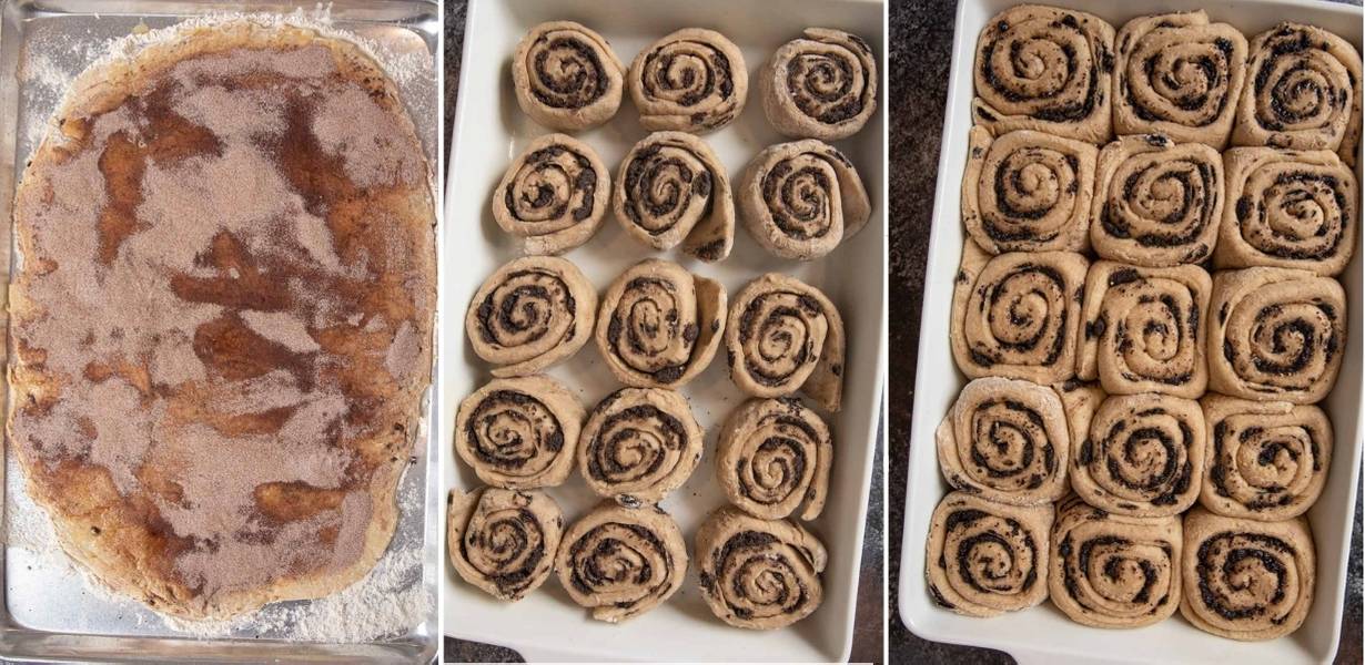 Chocolate Chip Cinnamon Rolls collage of a trio of steps