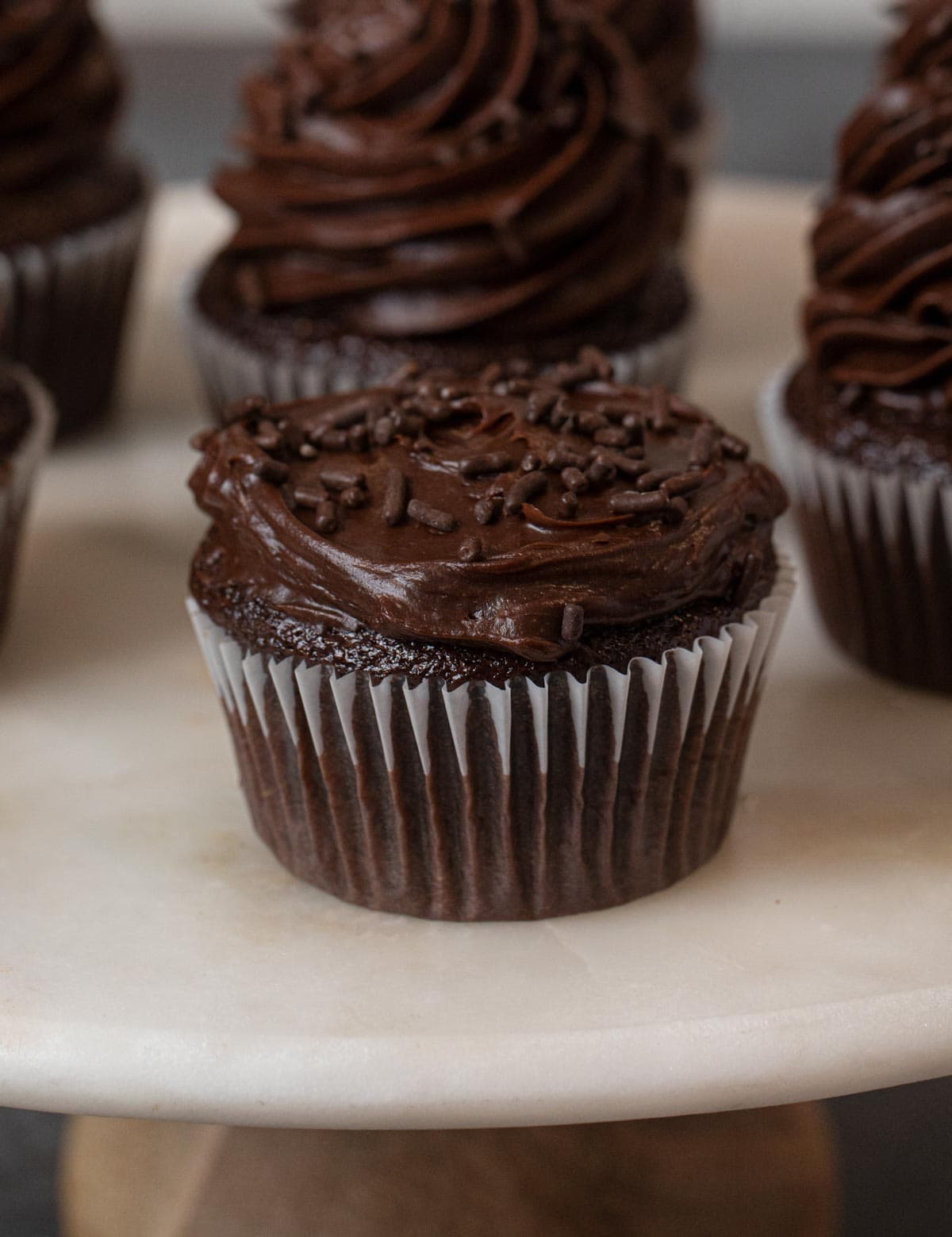 Chocolate Cupcake with Chocolate Frosting and chocolate sprinkles on cake stand