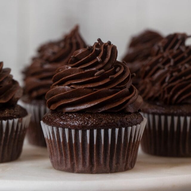 Chocolate Cupcake with Chocolate Frosting on cake stand