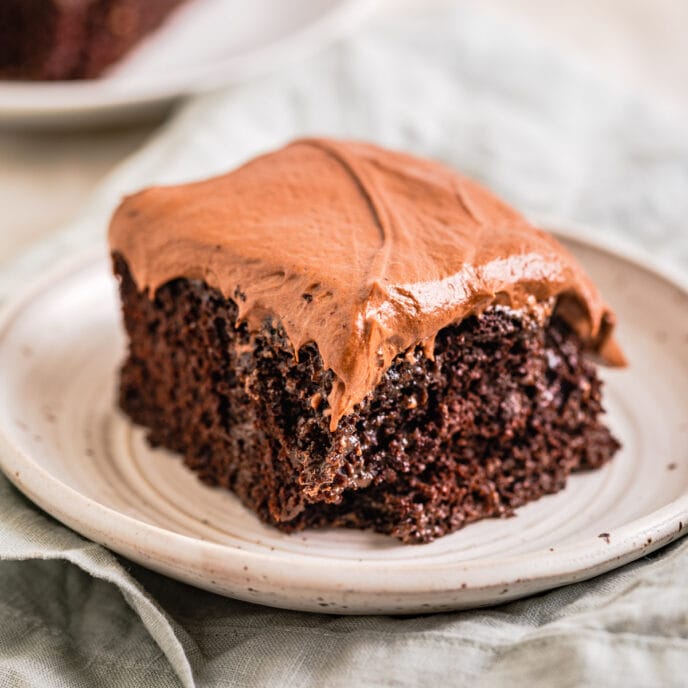 Chocolate Poke Cake Slice on Plate