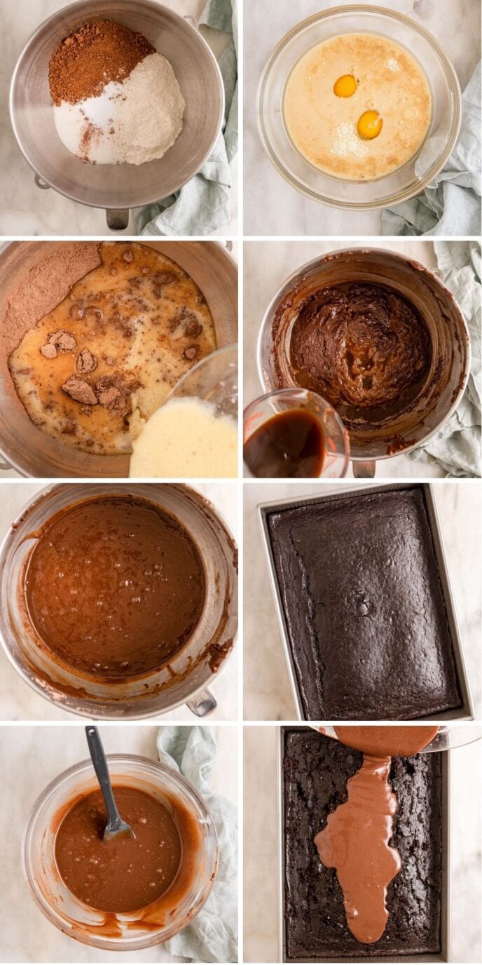 Chocolate Poke Cake Mix Steps Collage