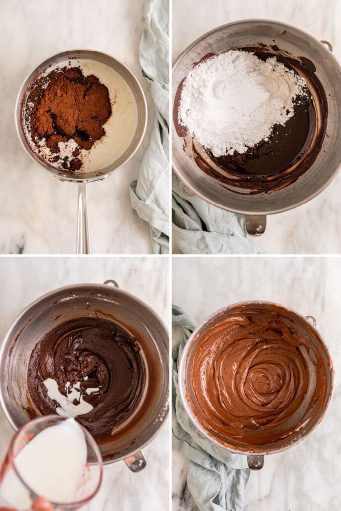 Chocolate Poke Cake Frosting Steps Collage