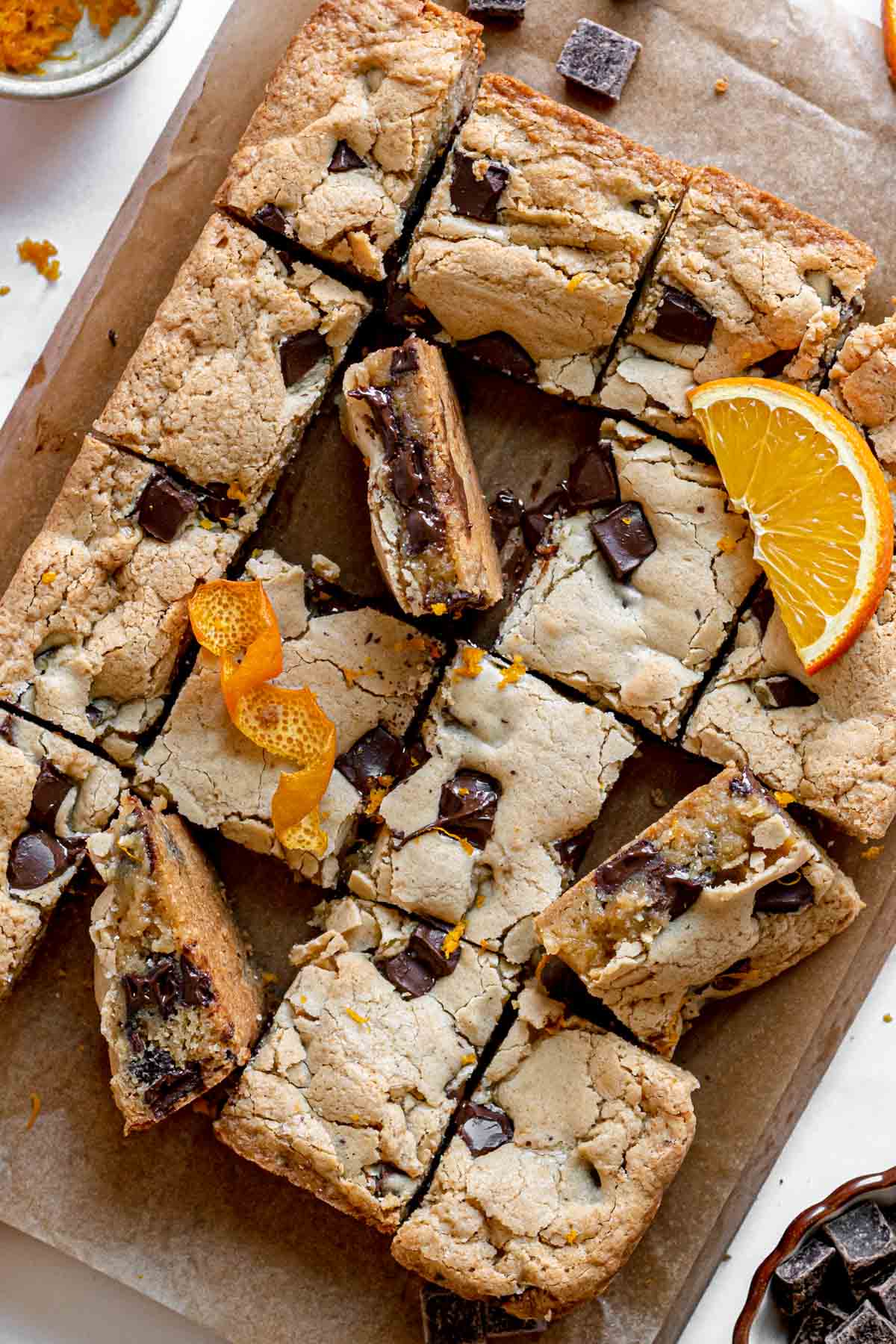 Dark Chocolate Orange Blondies sliced on cutting board