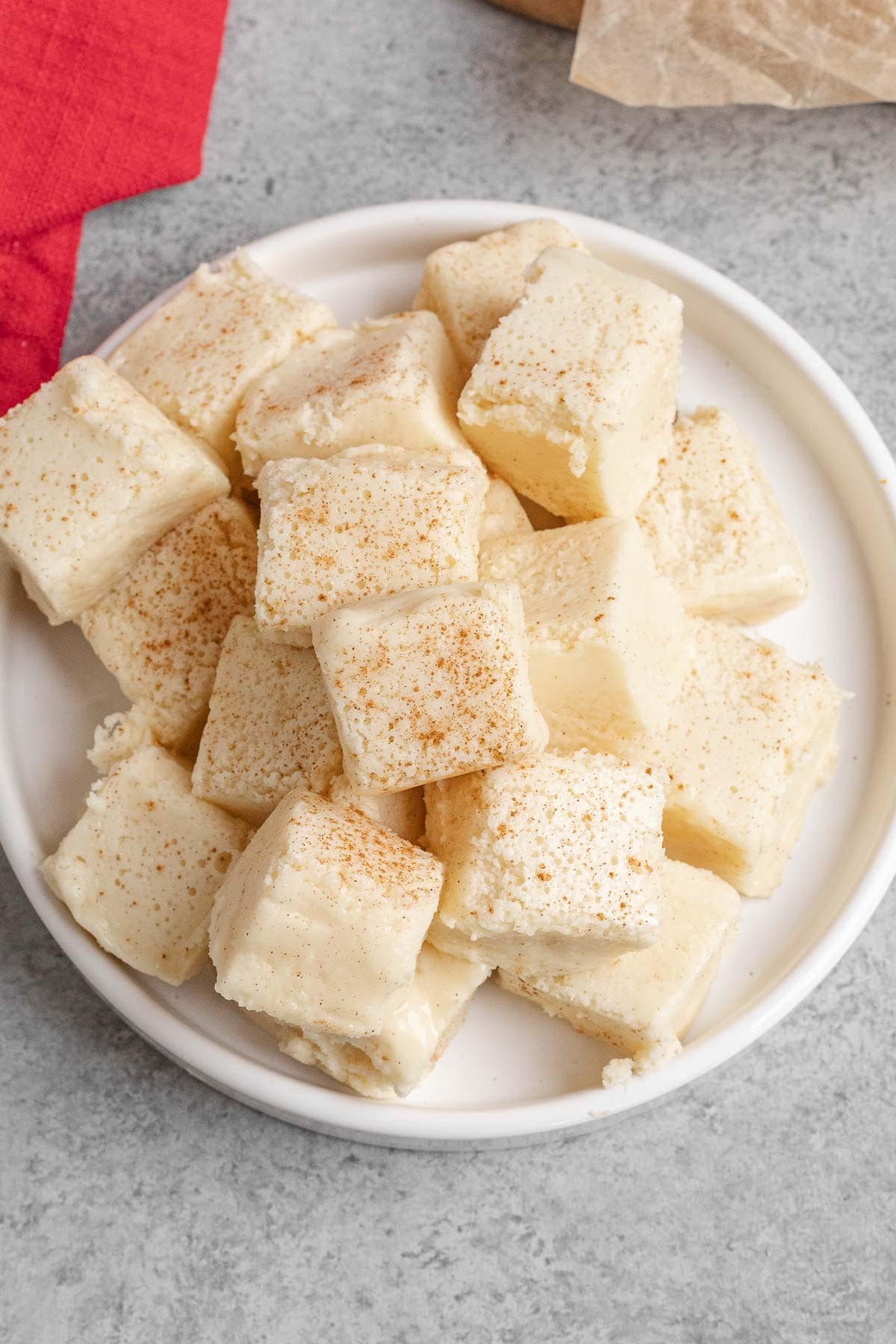 Eggnog Fudge slices on serving platter