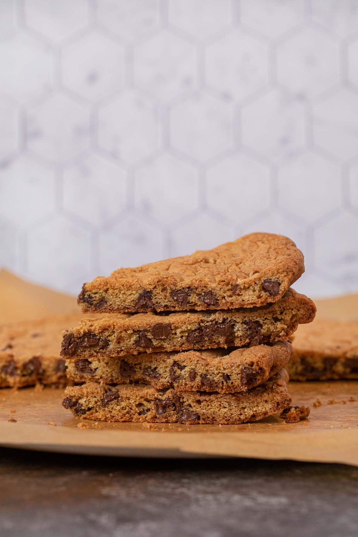 Giant Chocolate Chip Cookie slices in stack