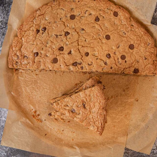 top-down view of Giant Chocolate Chip Cookie slices in stack