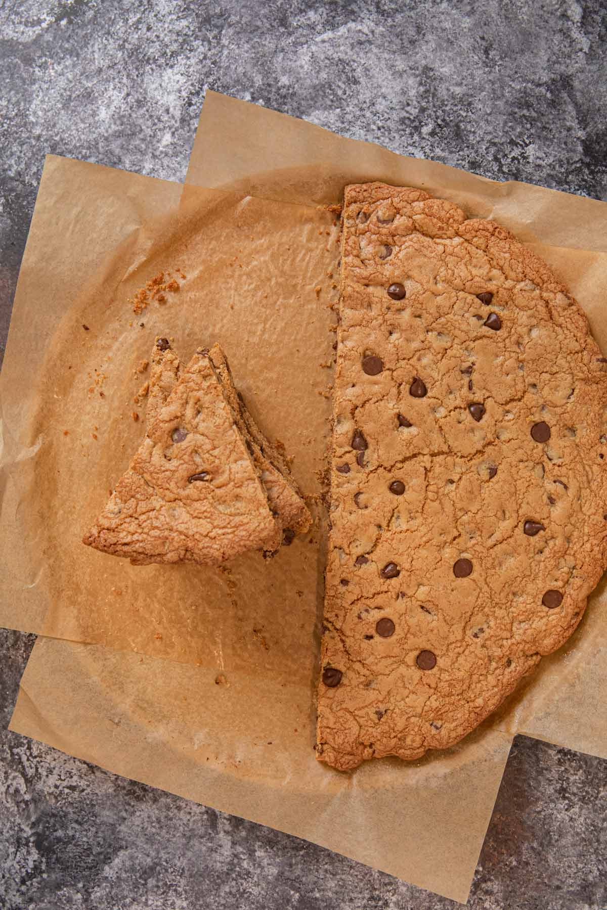 top-down view of Giant Chocolate Chip Cookie slices in stack