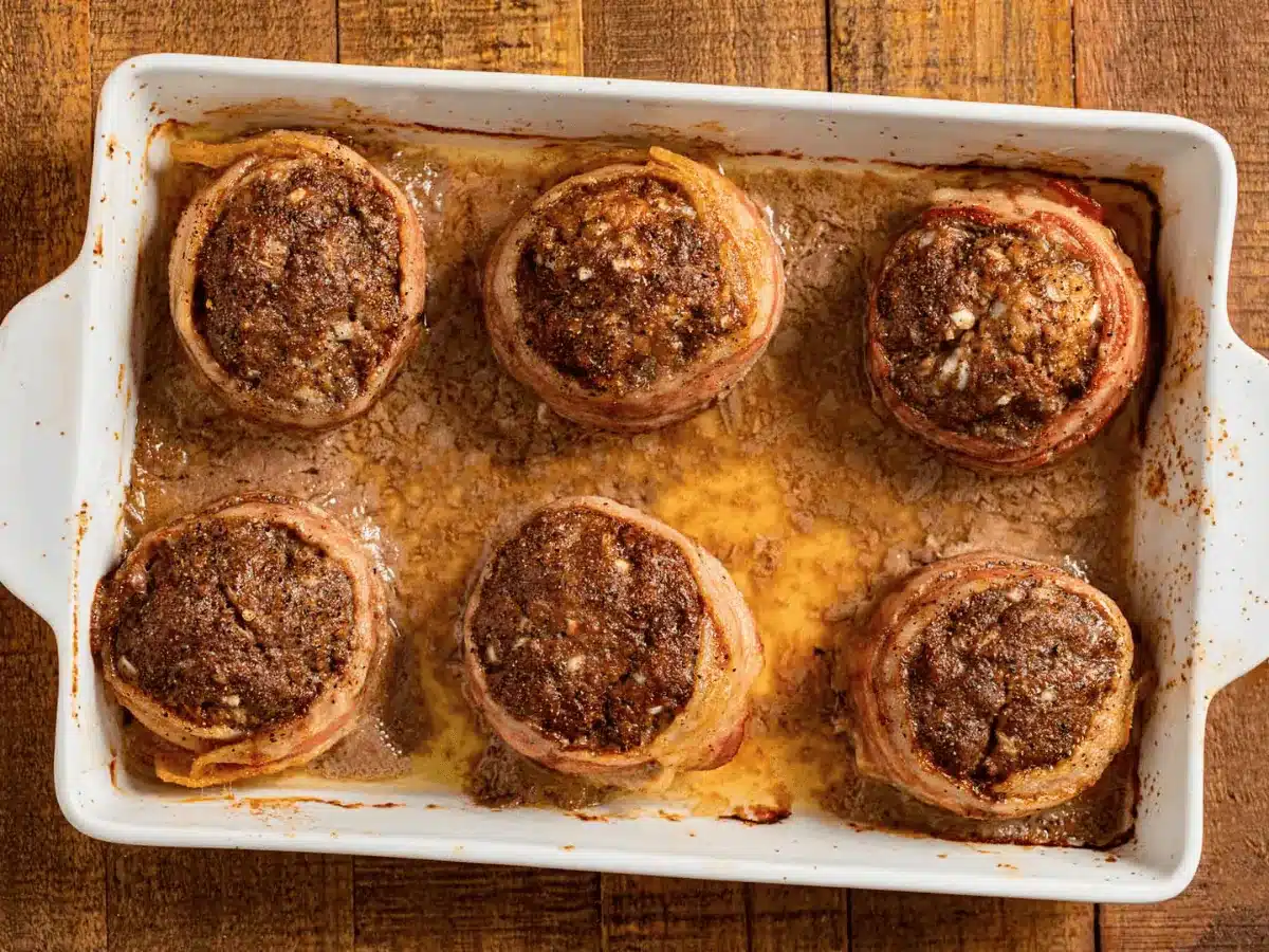 Portions of ground beef wrapped in bacon in a baking dish